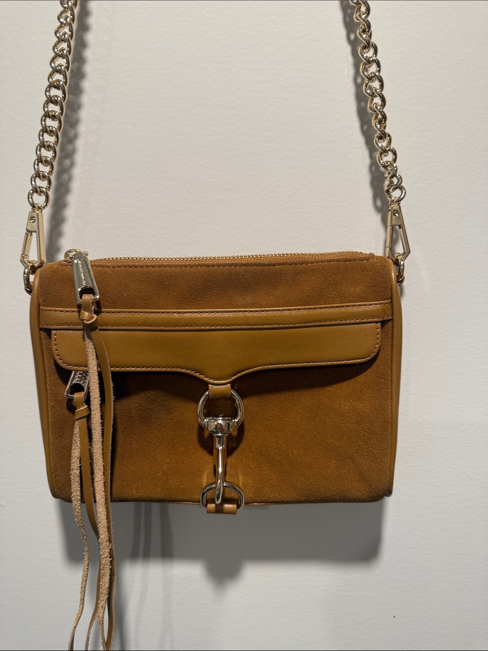 Rebecca Minkoff Suede Convertible Crossbody in Cognac Brown with Gold Hardware